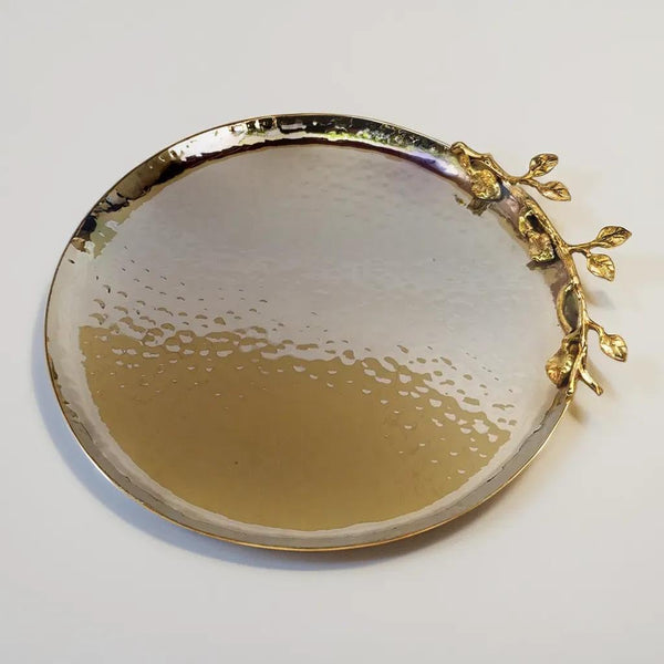 Vine Hammered Round Tray for Breakfast, Drinks, Snack for Coffee Table, Home Decorative, 10.75-Inch, Silver/Gold