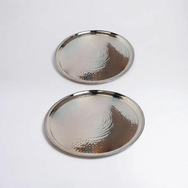 LEATHERVINES Silver Hammered Serving Charger Plate Decorative Serving Tray Set of 2 (1 Piece-16 and 1 Piece-12)