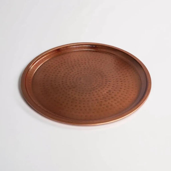 Copper Plated Traditional Design Hammered Handmade Copper Serving Tray - 14 Inch | Round Decorative Metal Tray for Coffee Table, Kitchen, Dining, and Home Décor