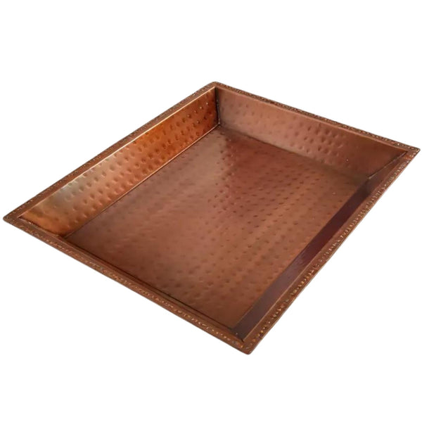 LEATHERVINES Handmade Copper Decorative Serving Tray - 16" L x 12.7" W x 1.5" H, Rectangular