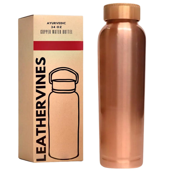 34 Oz Copper Water Bottle - Large - Pure Copper Ayurvedic Vessel For Drinking - Drink Water and Lower Your Sugar Intake And Enjoy Health Benefits