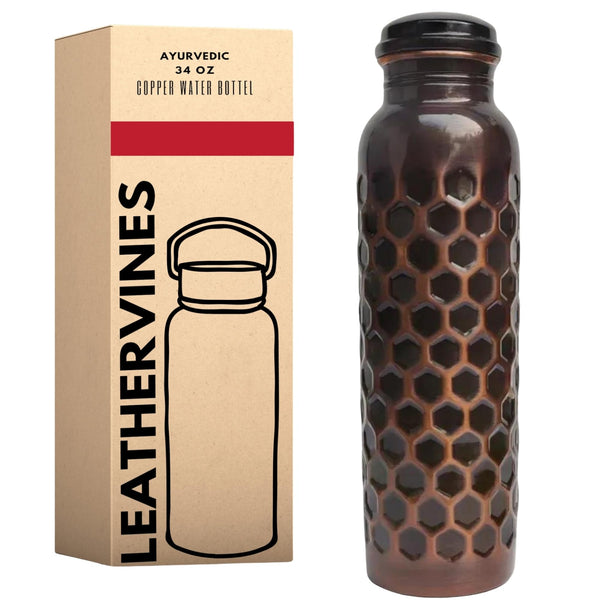 Pure Copper Water Drinking Bottle with Sipper - Copper Hammered Ayurvedic Vessel For Drinking - Drink More Water, Reduce Sugar Intake - Ayurveda Health Benefits - 34 Oz (BLACK)