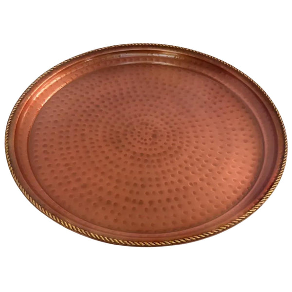 LEATHERVINES Hammered Copper Finish Serving Tray with Brass Rim - Decorative Large Round Coffee Table Tray - Multi-Purpose Kitchen Food Tray for Breakfast, Dinner, and Parties, 14 Inch