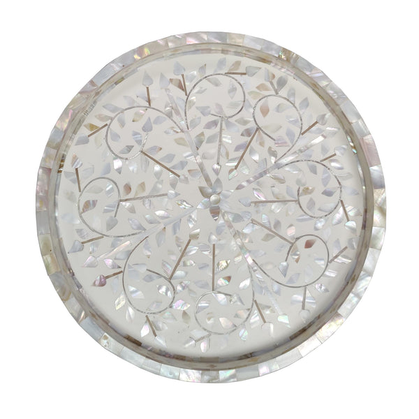 Mother of Pearl Serving Round Tray Wood Lap Tray Coffee Table Ottoman Tray Luxury Decorative Handmade Eating Tray 13.3 Inch