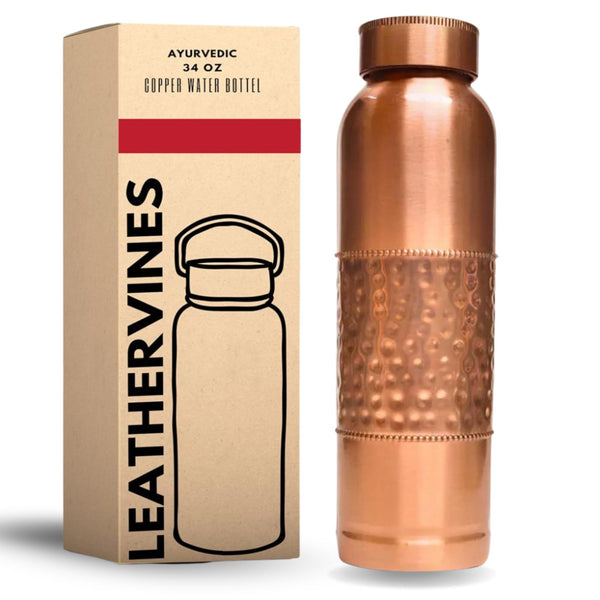 34 Oz Copper Water Bottle - Large - Hand Hammered Pure Copper Ayurvedic Vessel For Drinking - Drink Water More Water Lower Your Sugar Intake And Enjoy Health Benefits