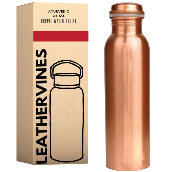 Pure Copper Water Drinking Bottle with Sipper - Copper Hammered Ayurvedic Vessel For Drinking - Drink More Water, Reduce Sugar Intake - Ayurveda Health Benefits - 34 Oz (PLAIN)