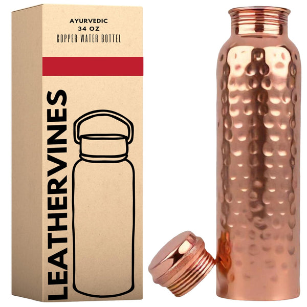 Pure Copper Water Drinking Bottle with Sipper - Copper Hammered Ayurvedic Vessel For Drinking - Drink More Water, Reduce Sugar Intake - Ayurveda Health Benefits - 34 Oz (HAMMERED)