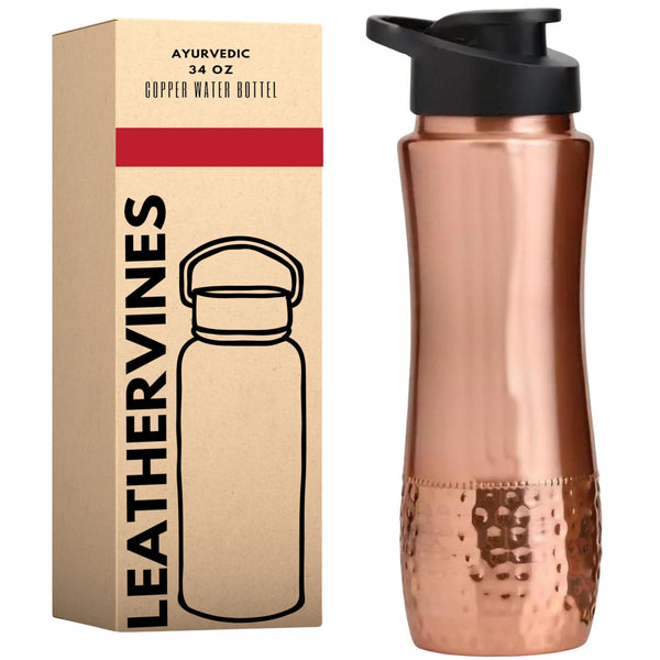 Pure Copper Water Drinking Bottle with Sipper - Copper Hammered Ayurvedic Vessel For Drinking - Drink More Water, Reduce Sugar Intake - Ayurveda Health Benefits - 34 Oz