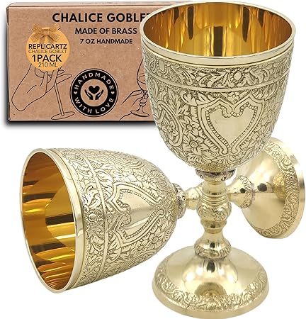 REPLICARTZ Chalice Medieval Goblet Royal Cup King Arthur Brass Wine Drinking Glass Renaissance Gifts Wedding Anniversary Novelty Ceremonial Drinkware for Gifts caliz catolico 7oz Pack of 1